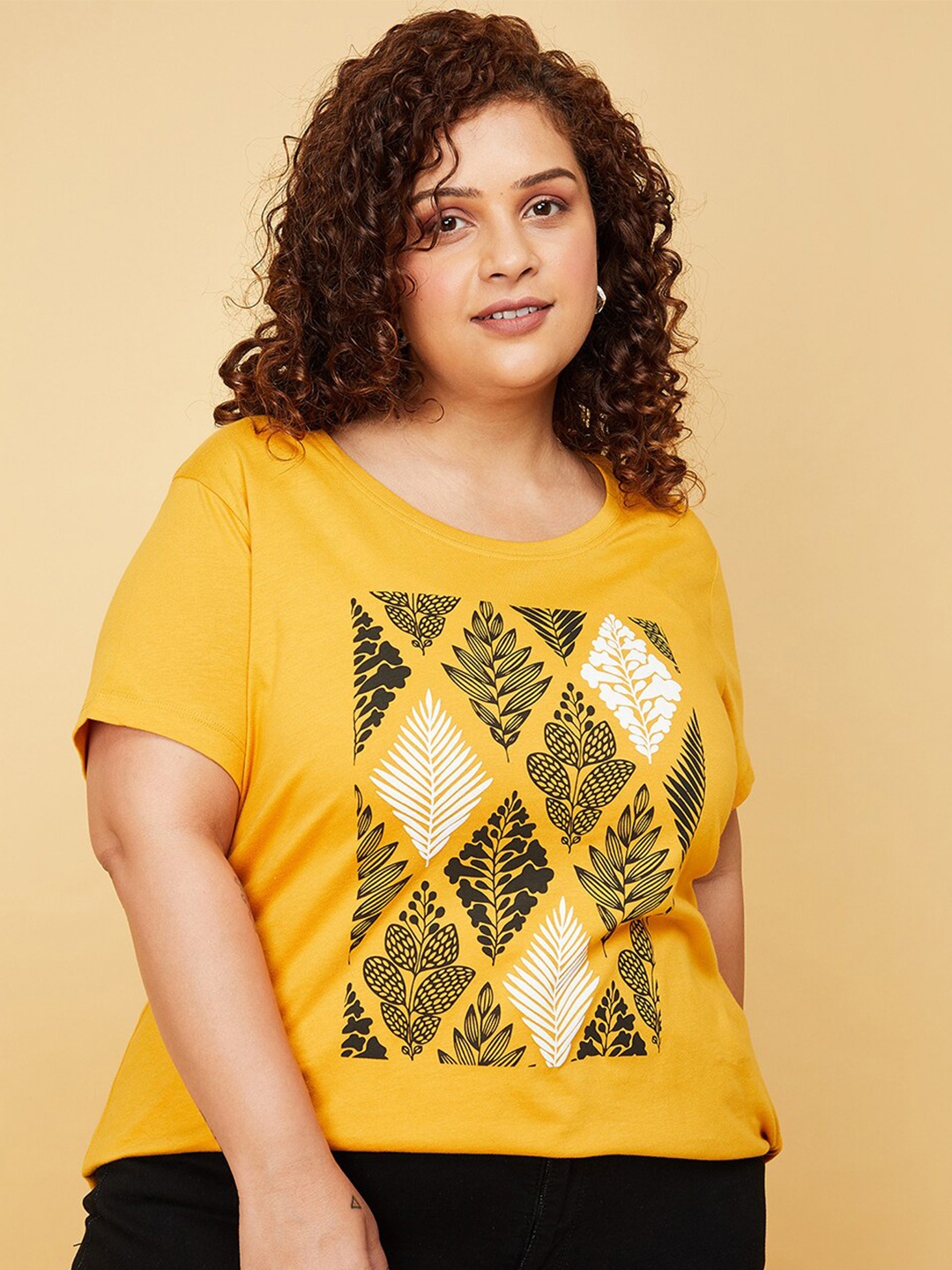 

max Plus Size Floral Printed Pure Cotton T-shirt, Yellow