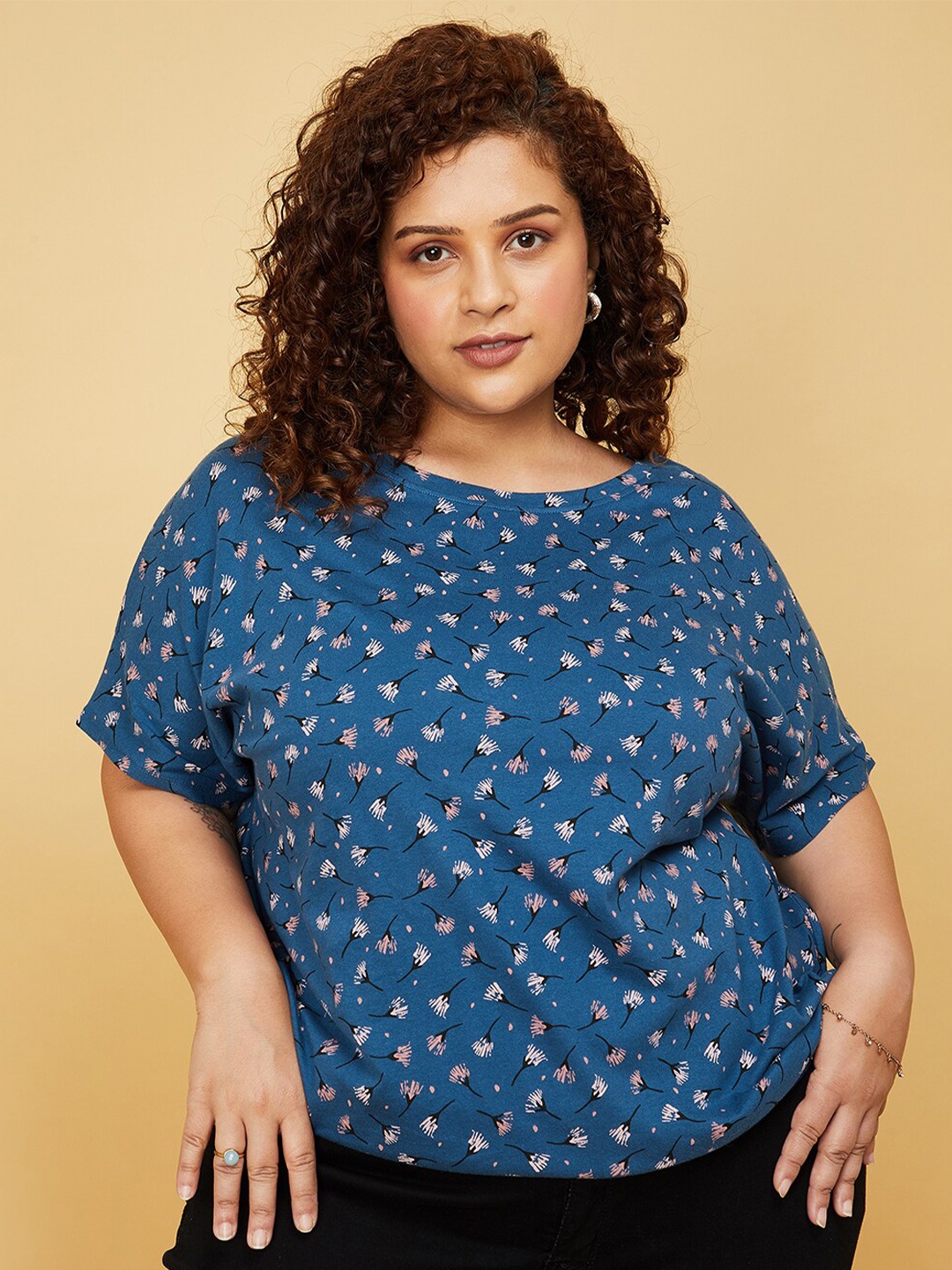 max Plus Size Floral Printed Pure Cotton T-shirt, Blue
