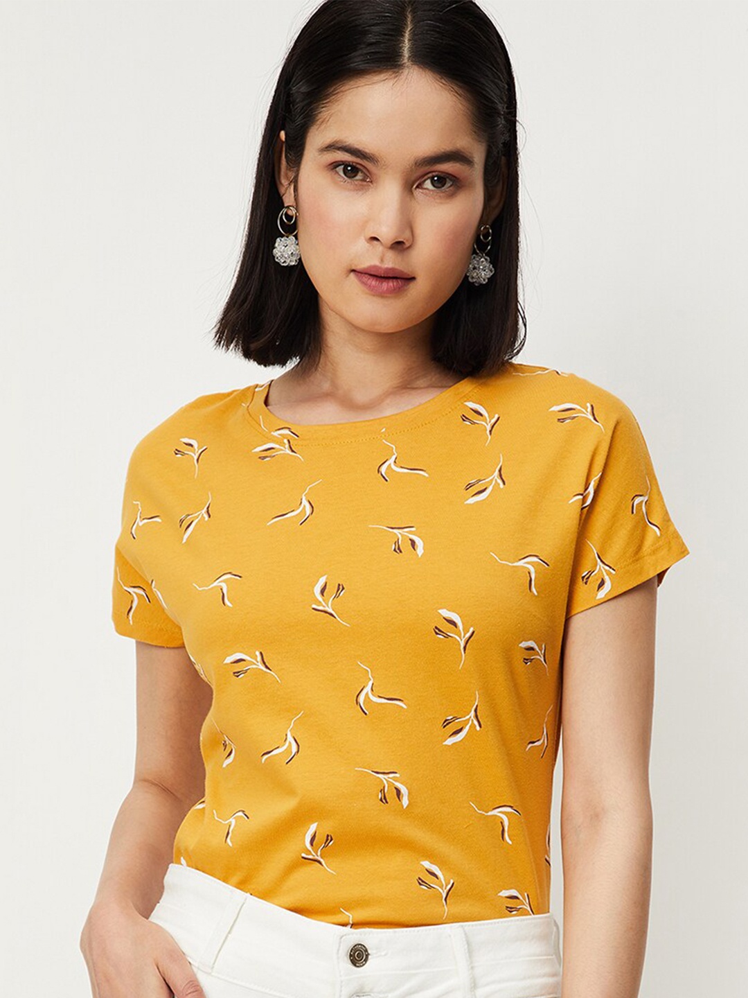 

max Floral Printed Extended Sleeves Pure Cotton T-shirt, Yellow
