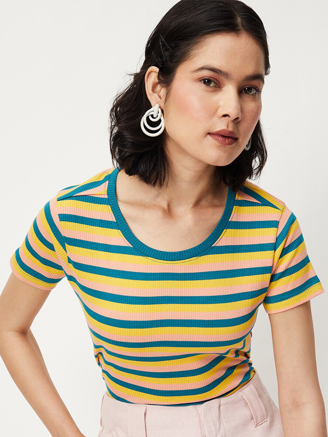 

max Striped Round Neck Short Sleeves T-shirt, Teal