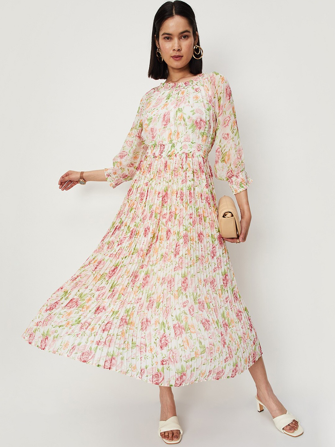 

max Floral Printed Puff Sleeve Accordion Pleats Fit & Flare Midi Dress, Off white