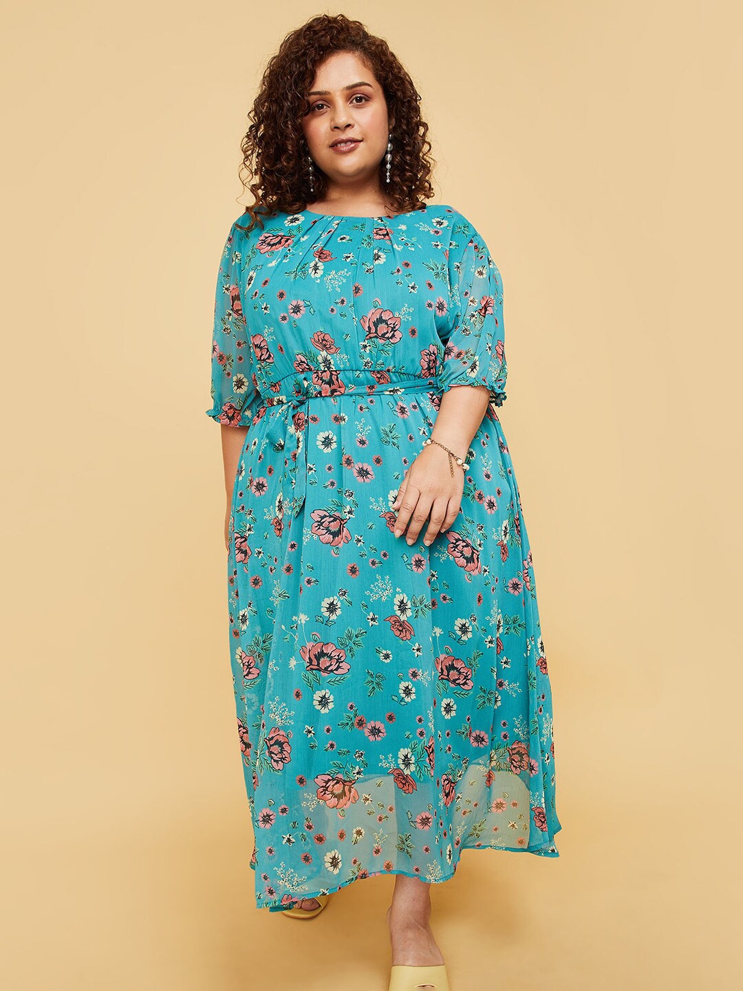 

max Plus Size Floral Printed Fit & Flare Midi Dress, Teal