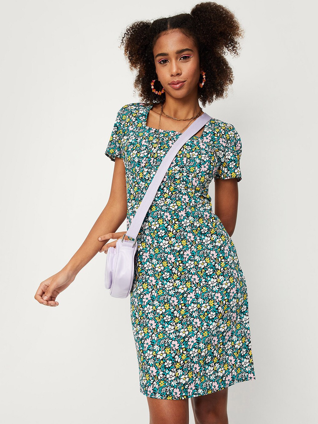 

max Floral Printed Square Neck A-Line Dress, Blue