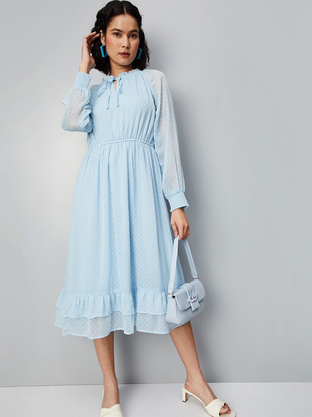 

max Self Design Puff Sleeves Fit & Flare Midi Dress, Blue