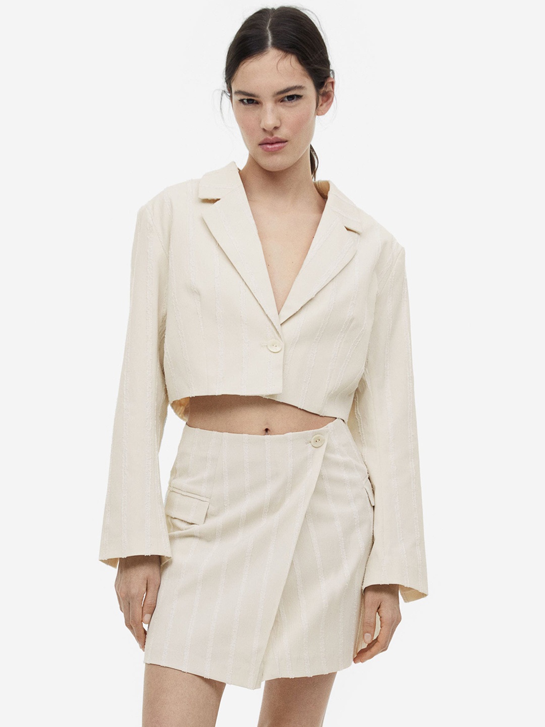 

H&M Cropped Textured-Weave Blazer, White