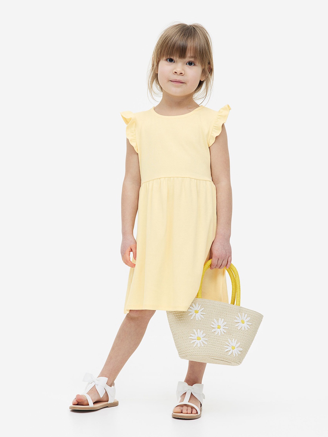 

H&M Girls Ribbed Jersey Dress, Yellow