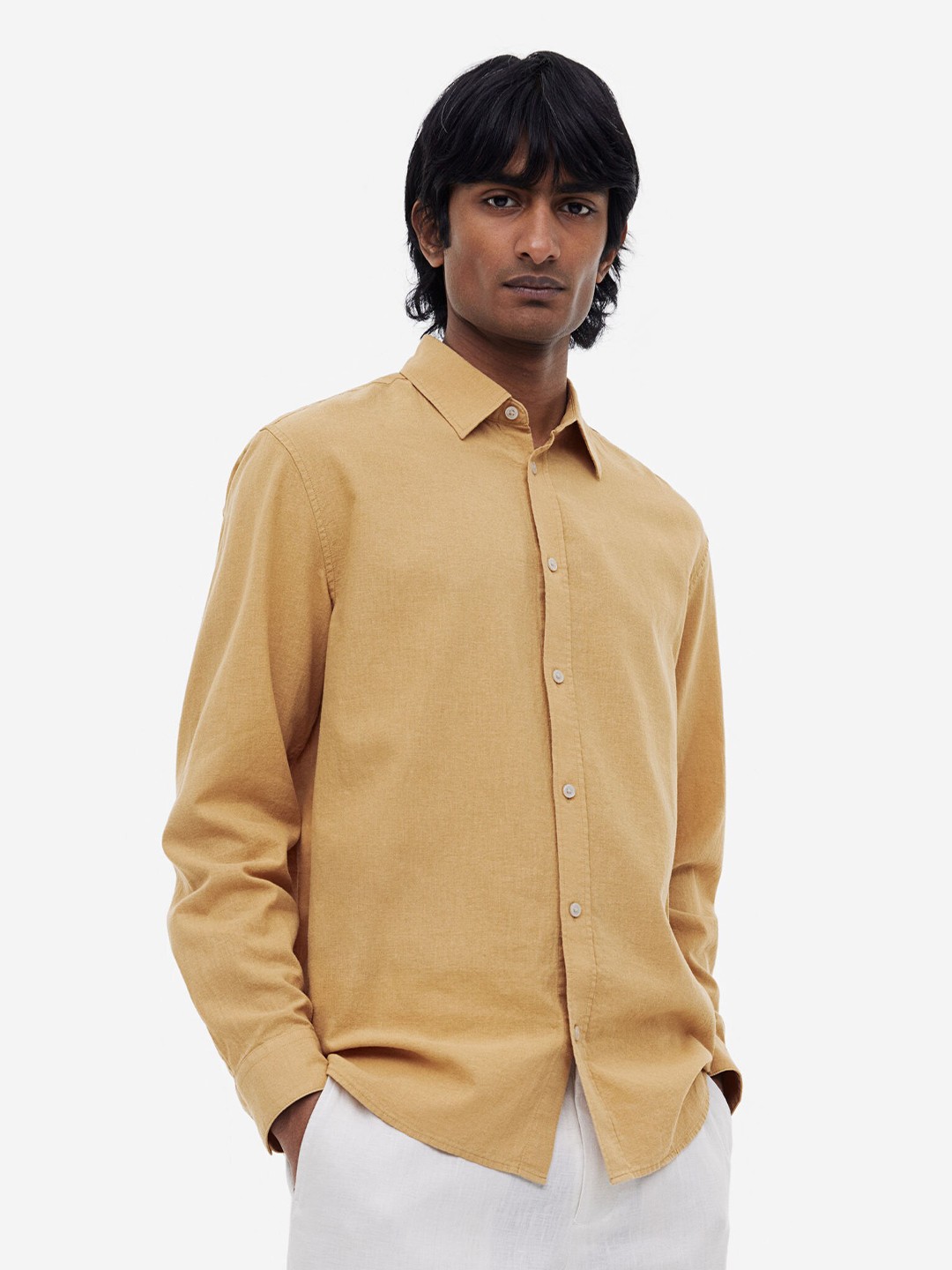 

H&M Men Regular Fit Linen-blend Shirt, Mustard