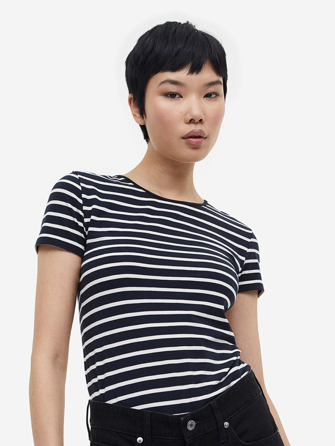 

H&M Women Cotton T-shirt, Navy blue