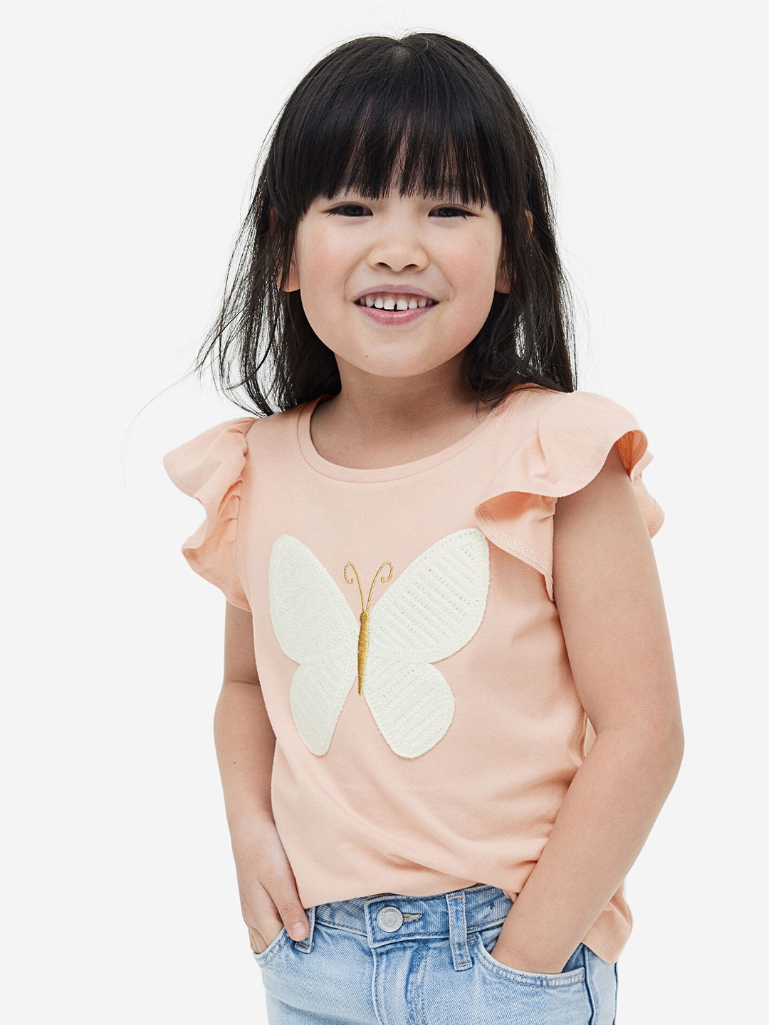 

H&M Girls Motif-Detail Flutter-Sleeved Top, Pink