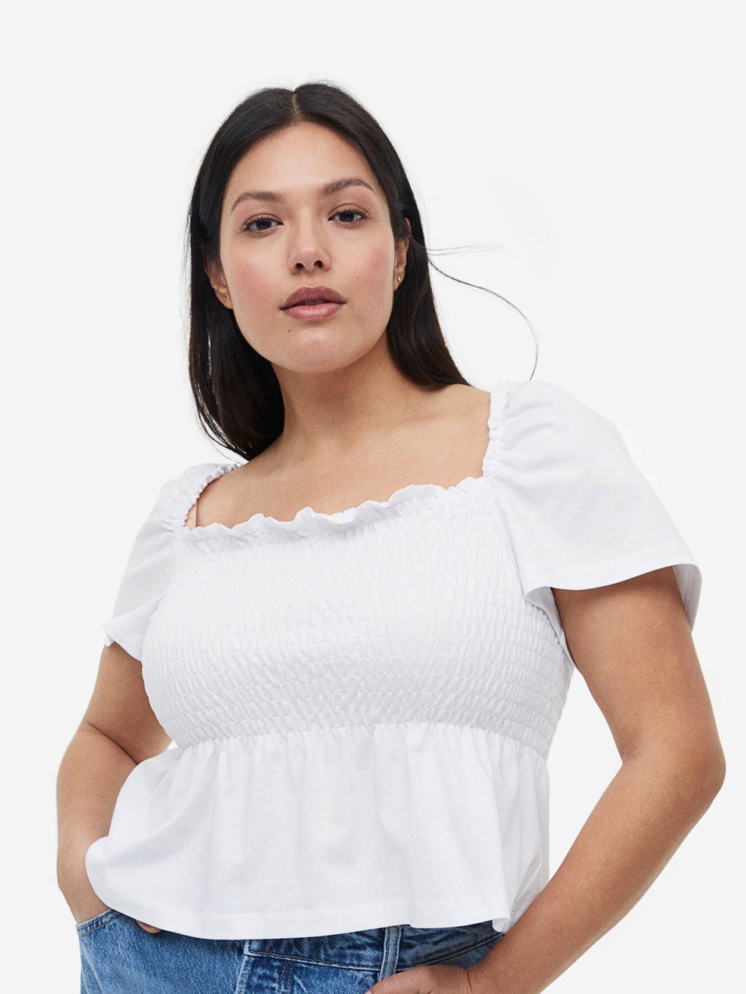 

H&M Smocked Top, White