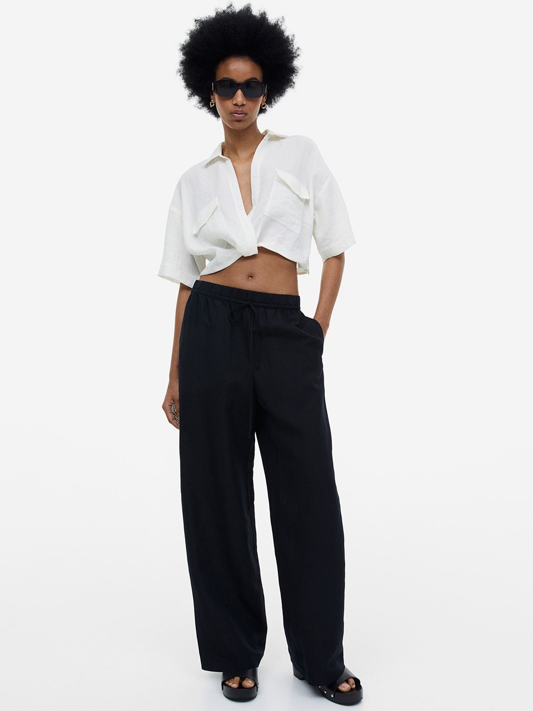 

H&M Women Linen-Blend Pull-On Trousers, Black