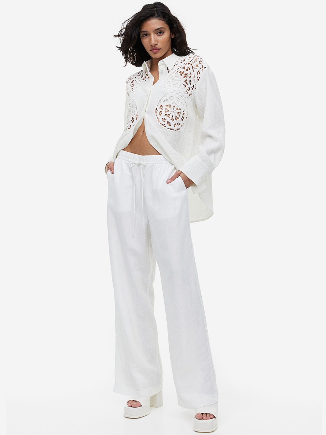

H&M Women Linen-Blend Pull-On Trousers, White