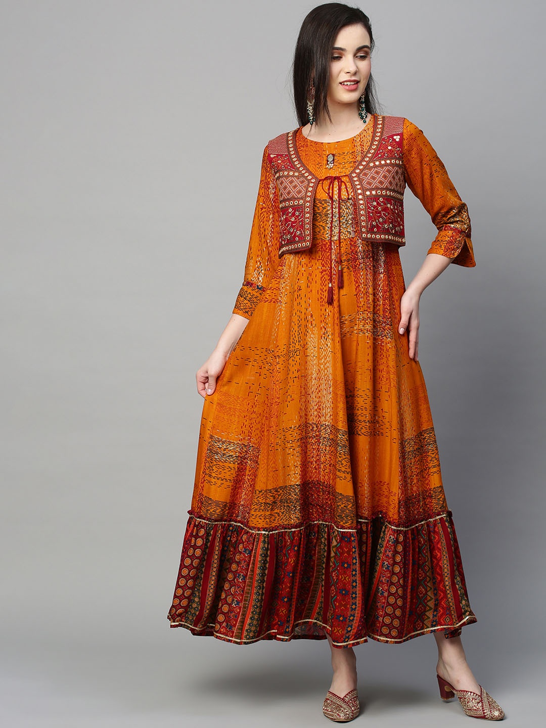 

INDYES Printed A-Line Ethnic Dress, Mustard