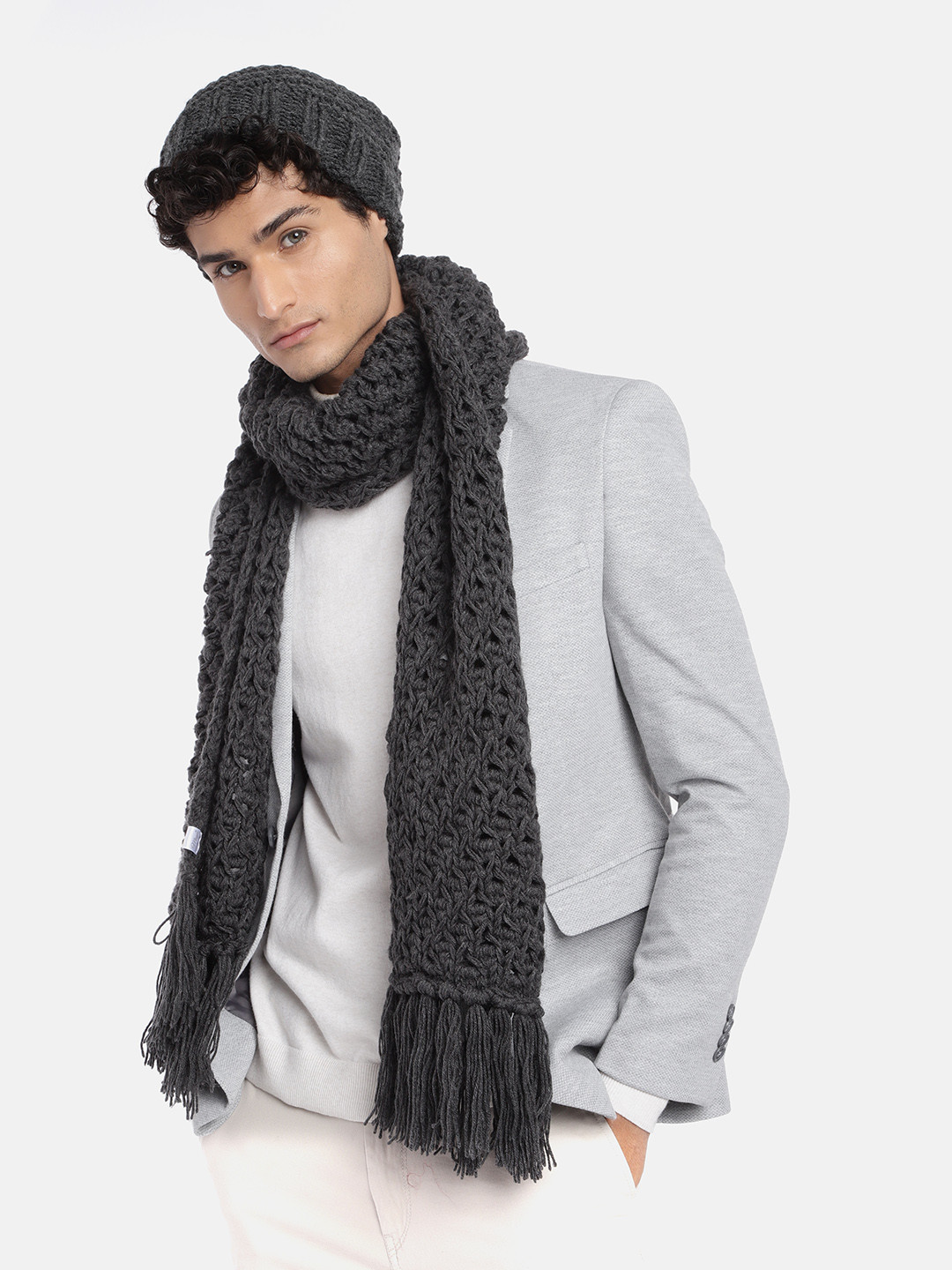 

Magic Needles Men Self Design Acrylic Beanie & Scarf Set, Grey