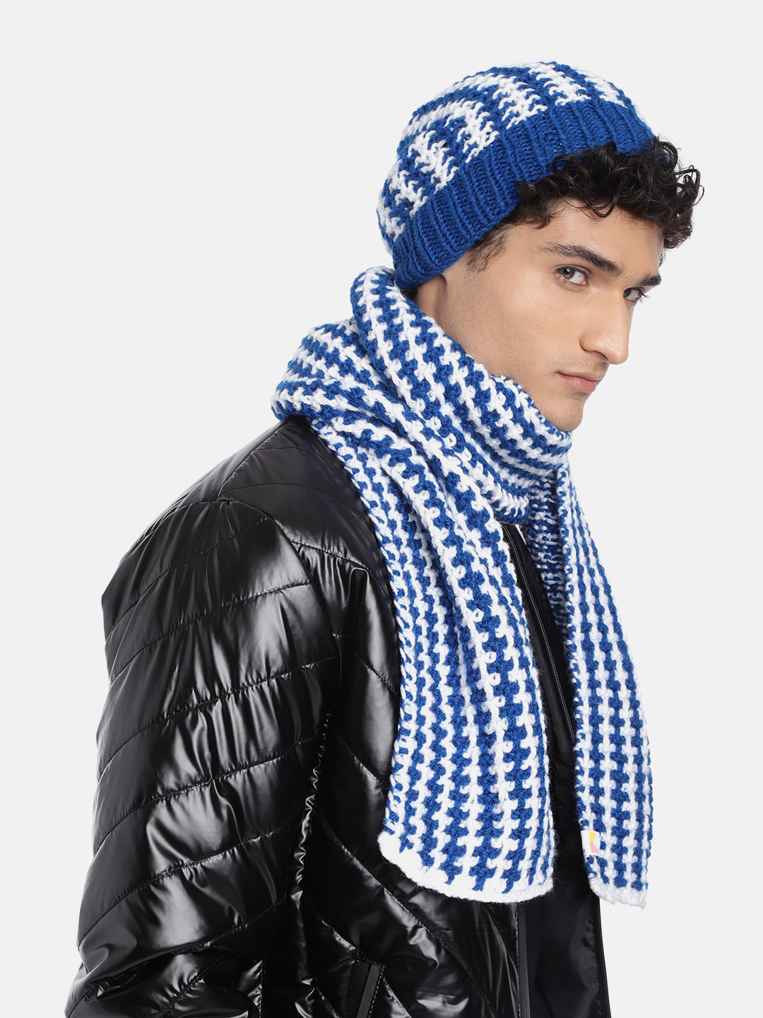 

Magic Needles Men Self Design Acrylic Beanie & Scarf Set, Blue