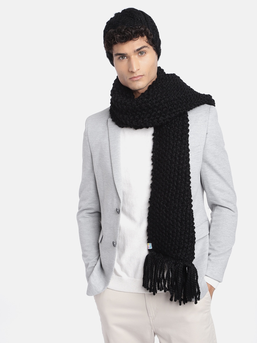 

Magic Needles Men Self Design Acrylic Beanie & Scarf Set, Black