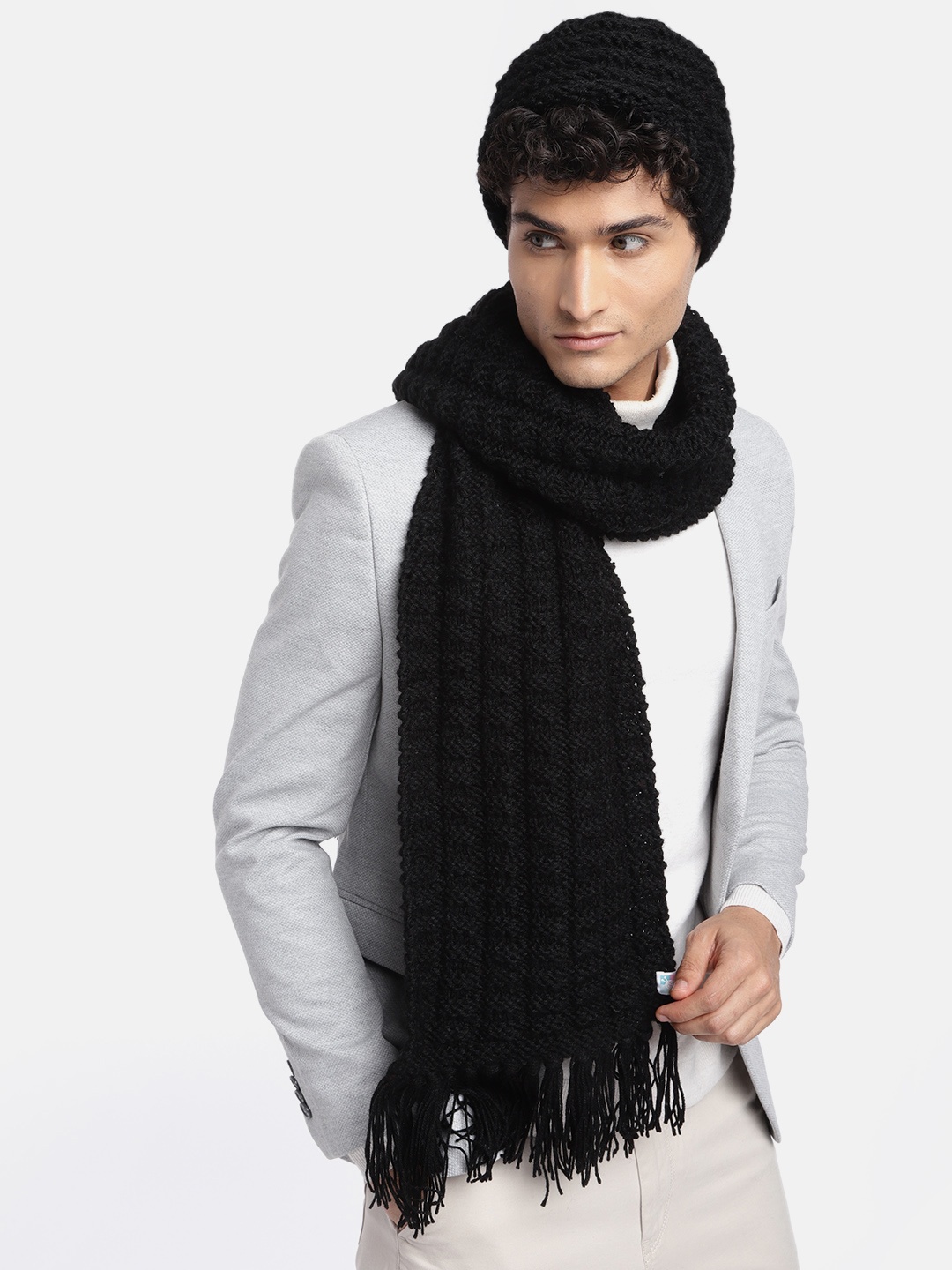 

Magic Needles Men Self Design Acrylic Beanie & Scarf Set, Black