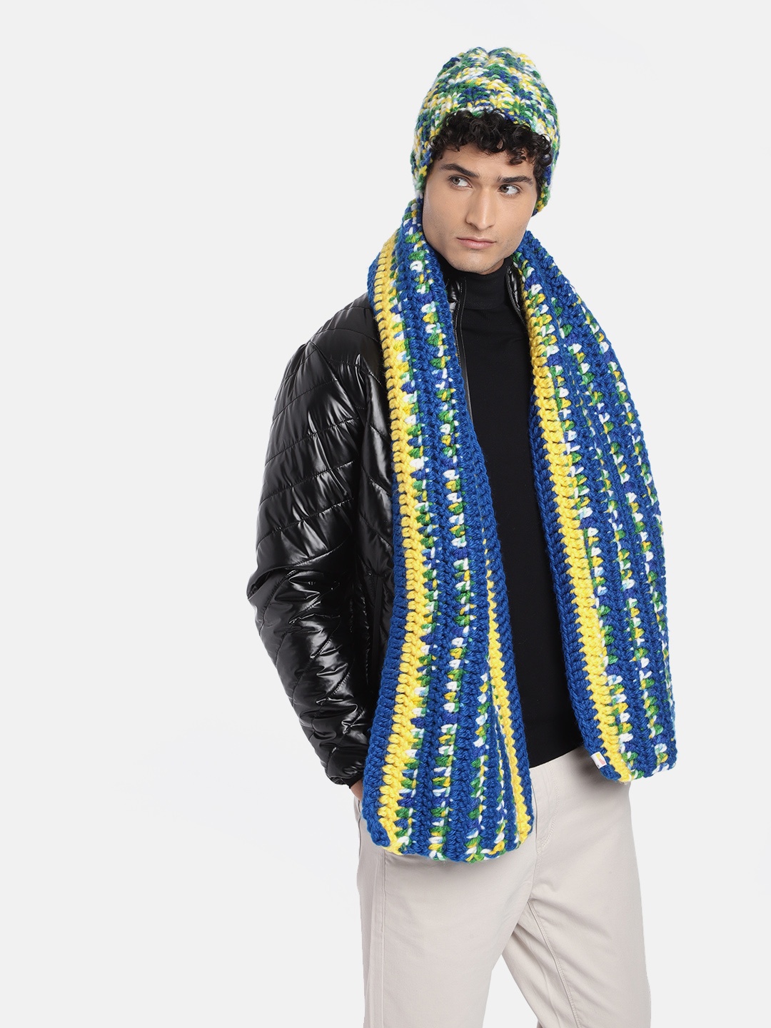 

Magic Needles Men Self Design Acrylic Beanie & Scarf Set, Blue