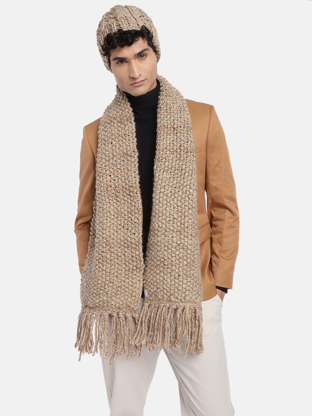 

Magic Needles Men Self Design Acrylic Beanie & Scarf Set, Brown