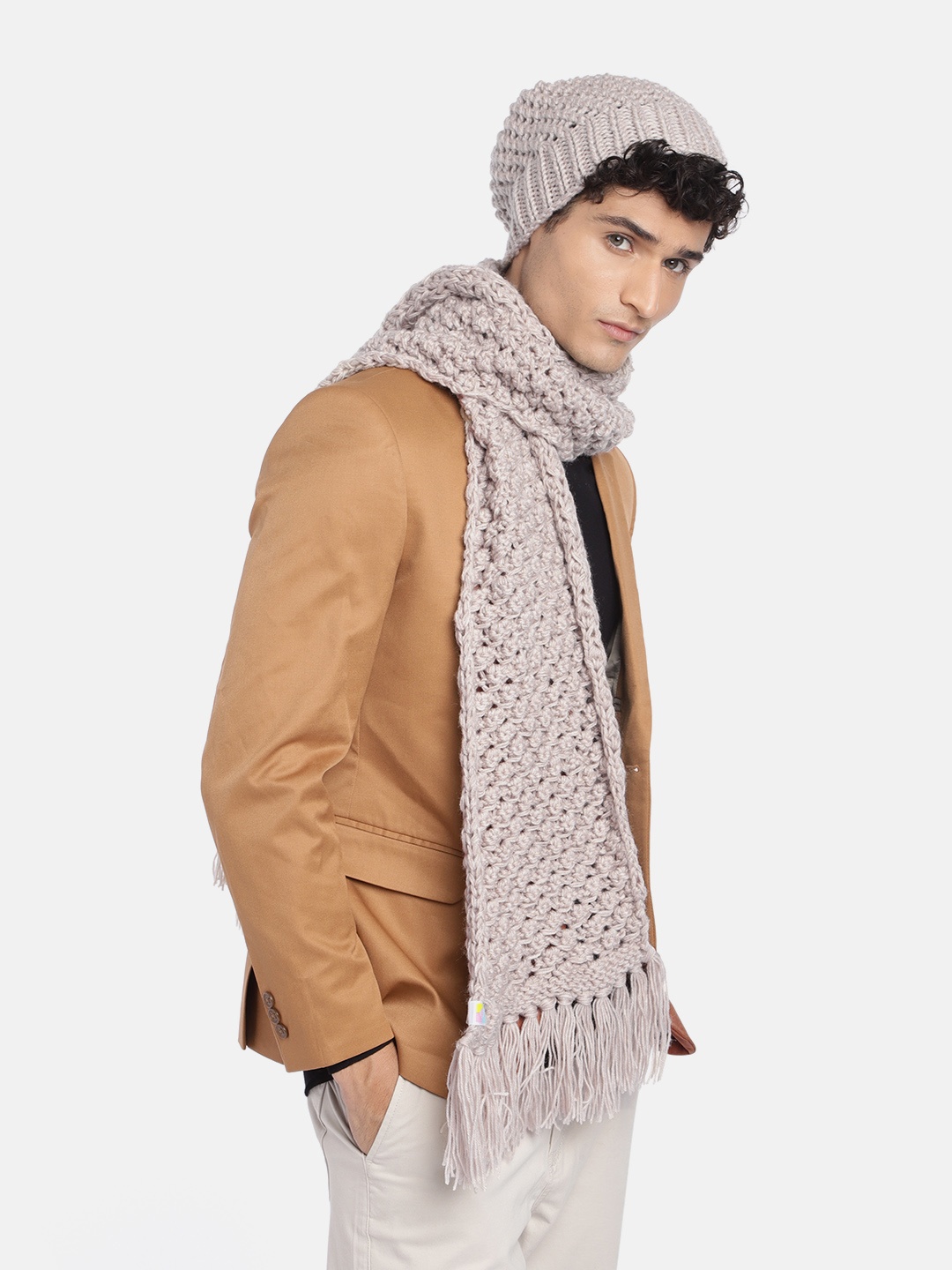Magic Needles Men Self Design Acrylic Beanie & Scarf Set, Taupe
