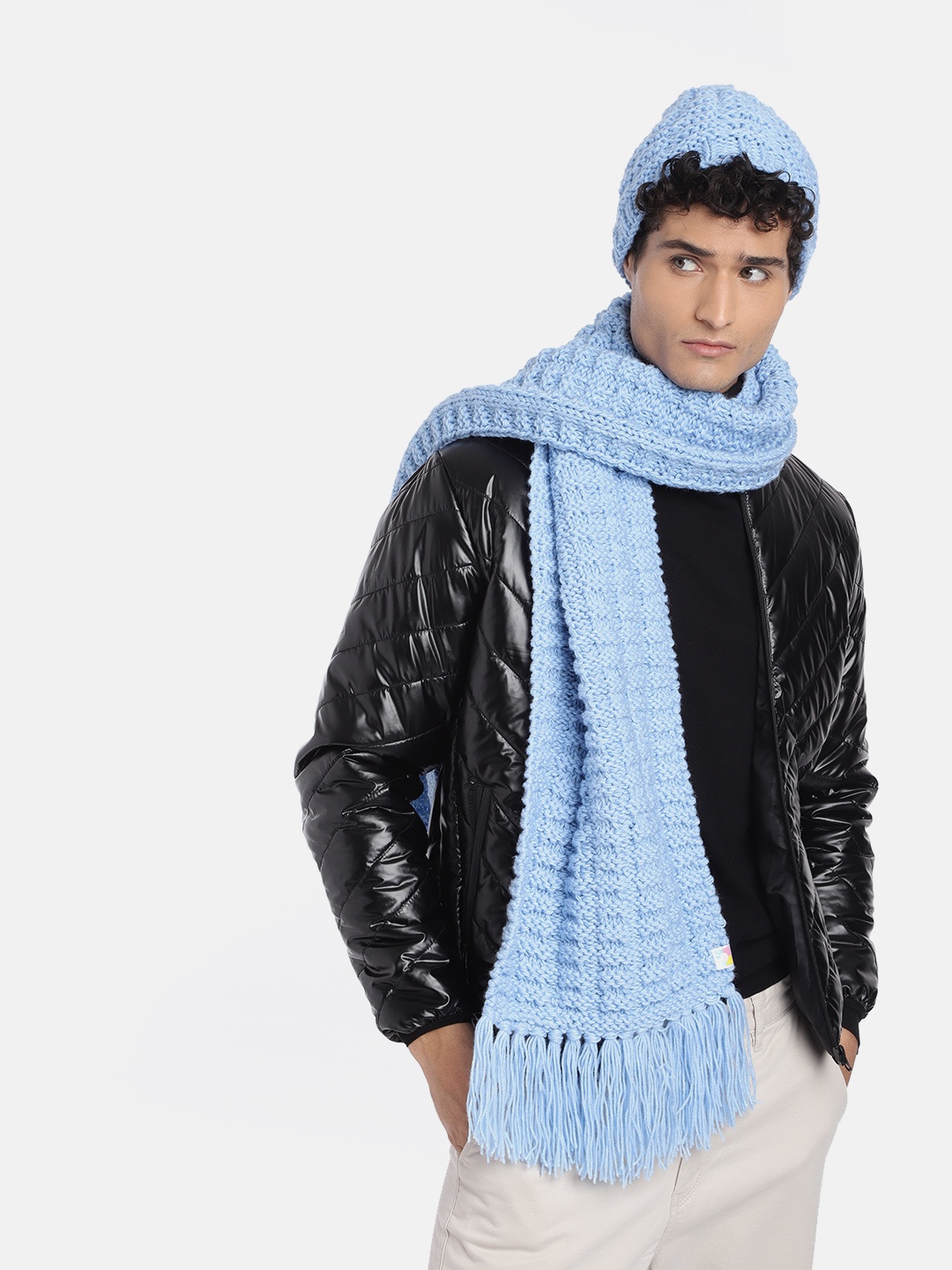 

Magic Needles Men Self Design Acrylic Beanie & Scarf Set, Blue