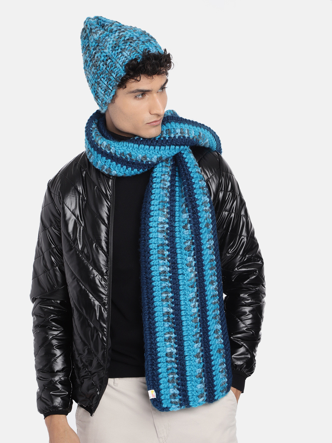 

Magic Needles Men Self Design Acrylic Beanie & Scarf Set, Blue
