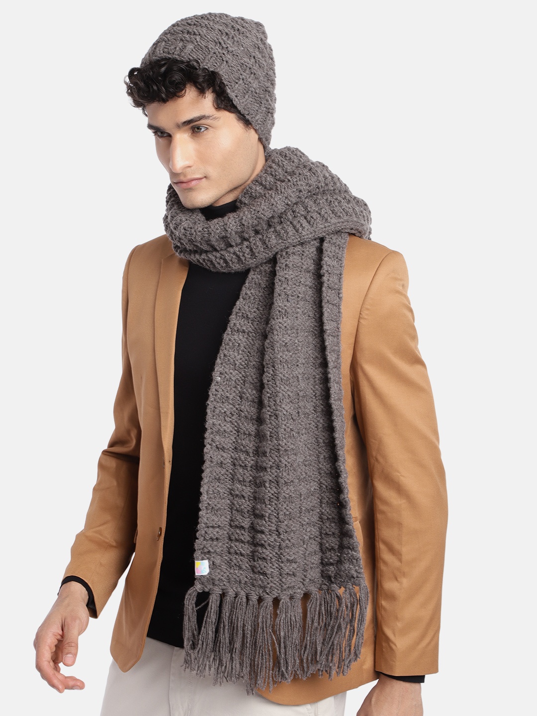 

Magic Needles Men Self Design Acrylic Beanie & Scarf Set, Taupe