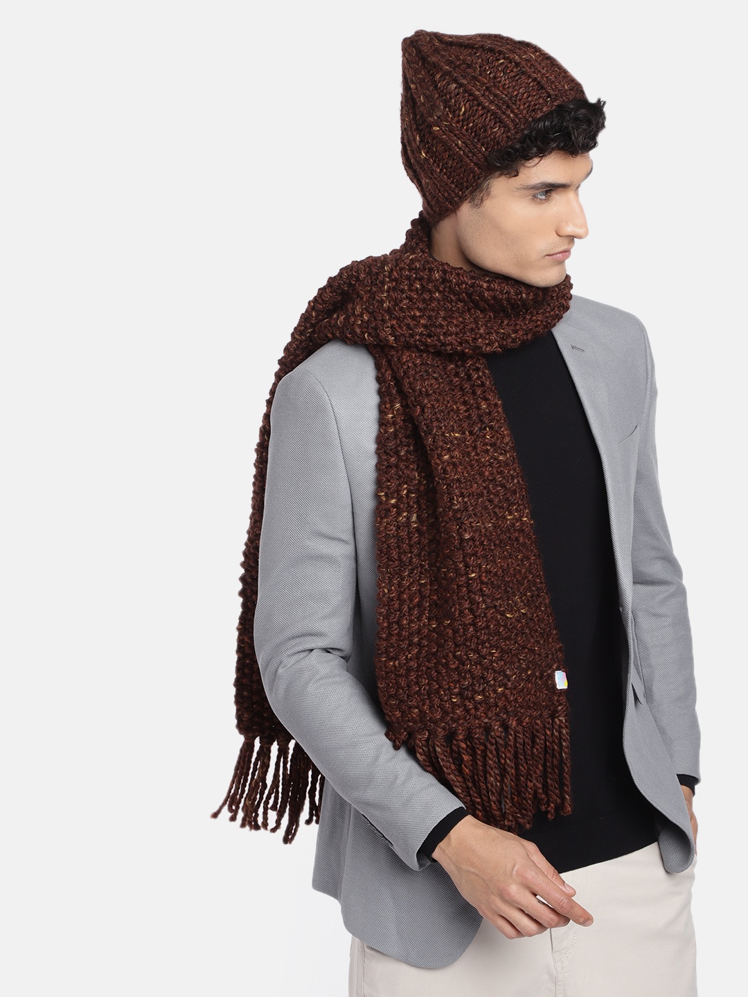 Magic Needles Men Self Design Acrylic Beanie & Scarf Set, Brown