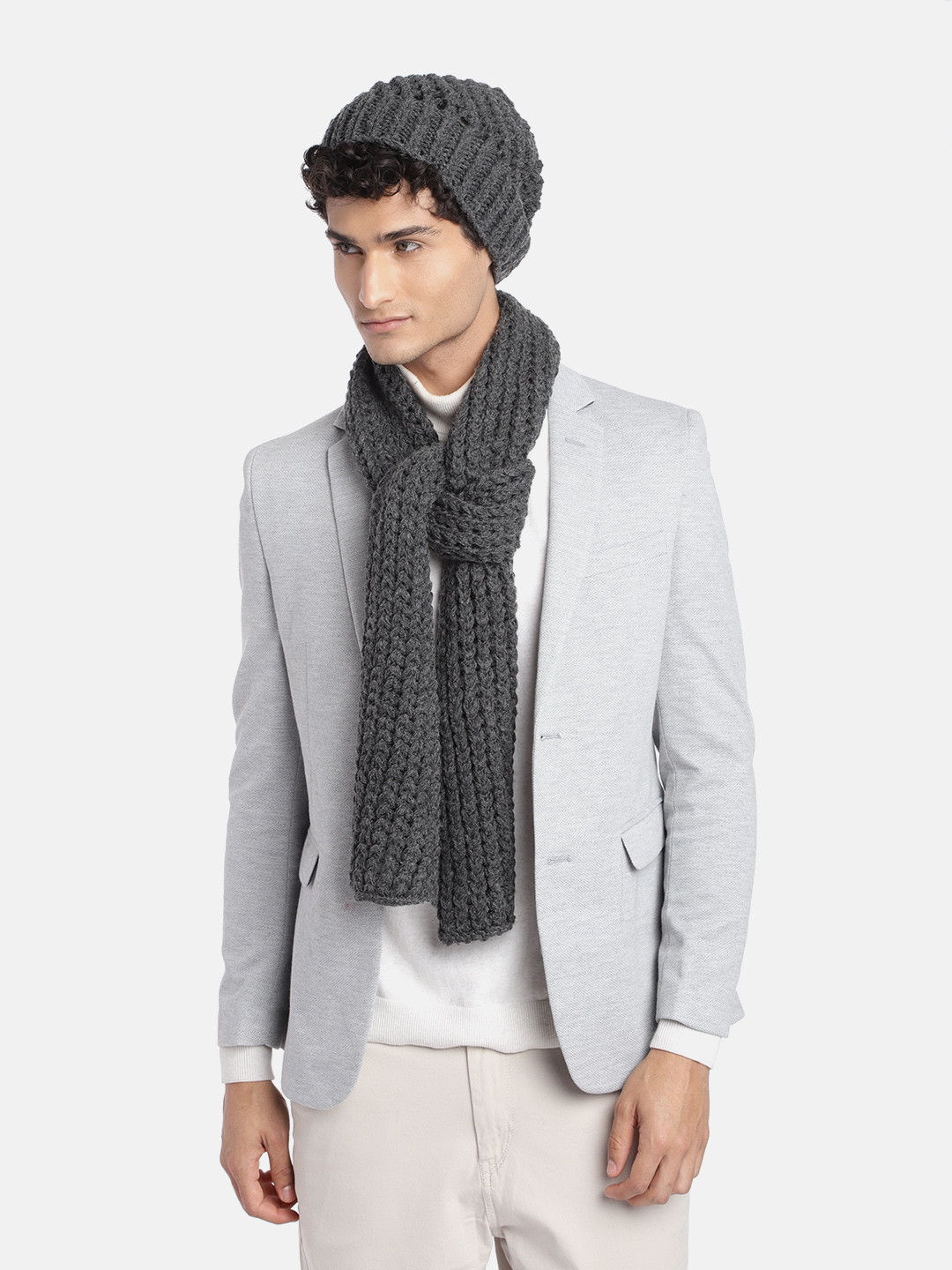

Magic Needles Men Self Design Acrylic Beanie & Scarf Set, Grey