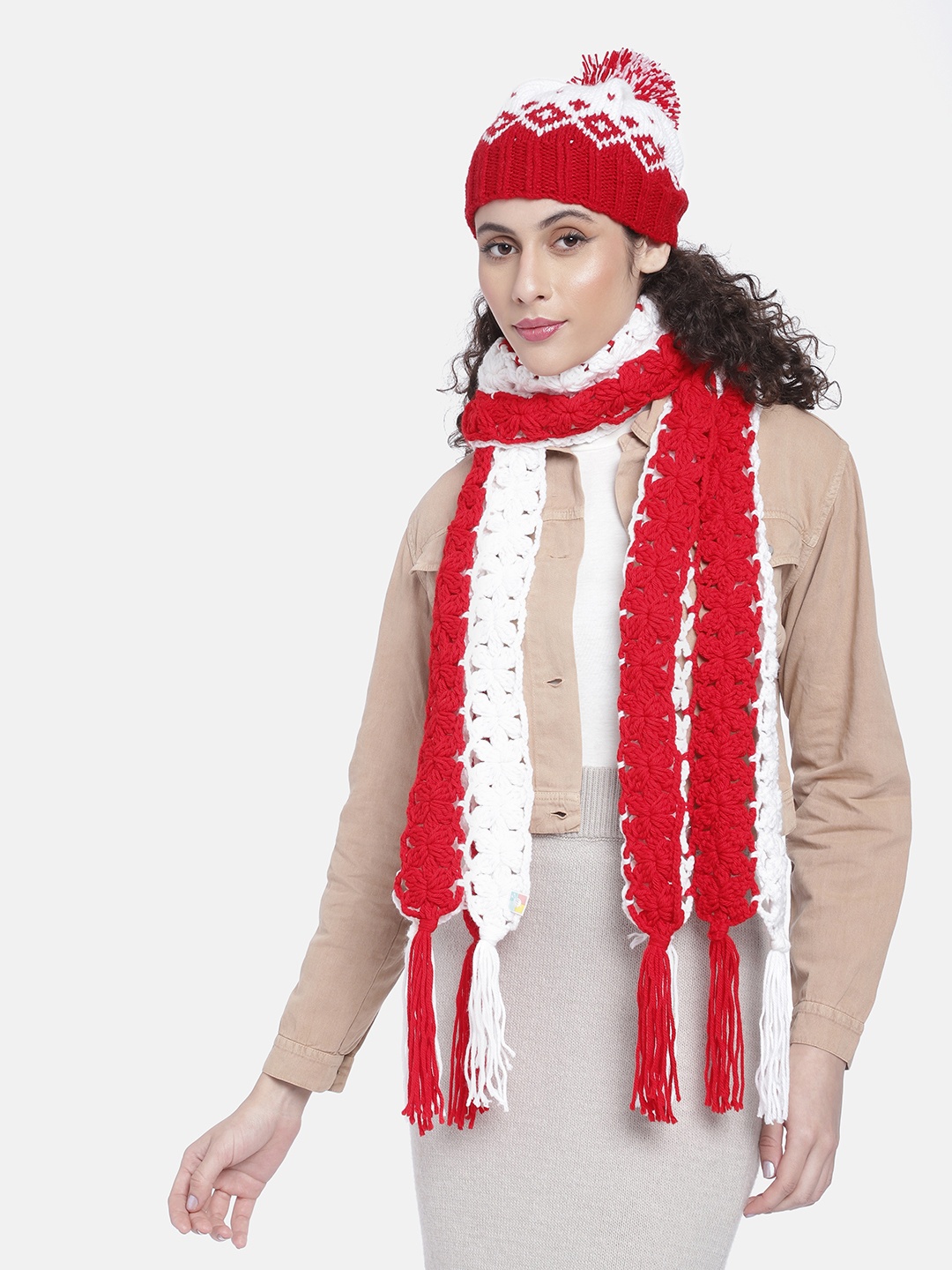 

Magic Needles Women Self Design Acrylic Beanie & Scarf Set, Red