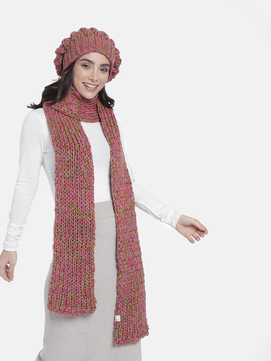 

Magic Needles Women Self Design Beanie With Scarf, Purple