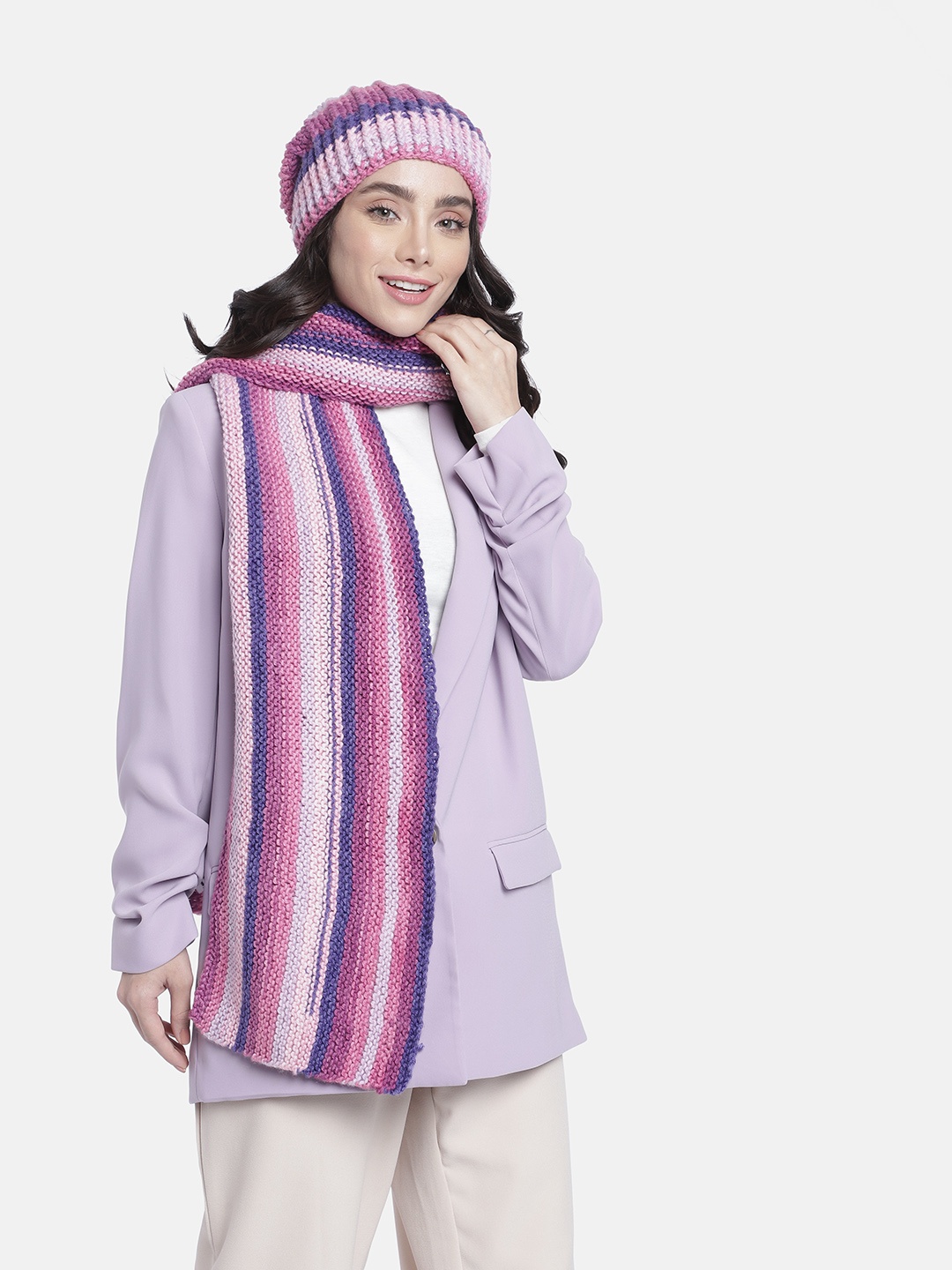 

Magic Needles Women Self Design Acrylic Beanie & Scarf Set, Pink