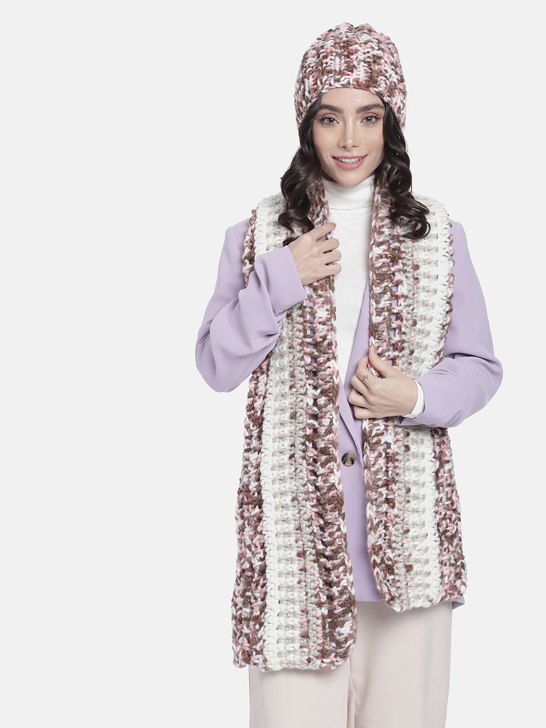 

Magic Needles Women Self Design Acrylic Beanie & Scarf Set, Brown