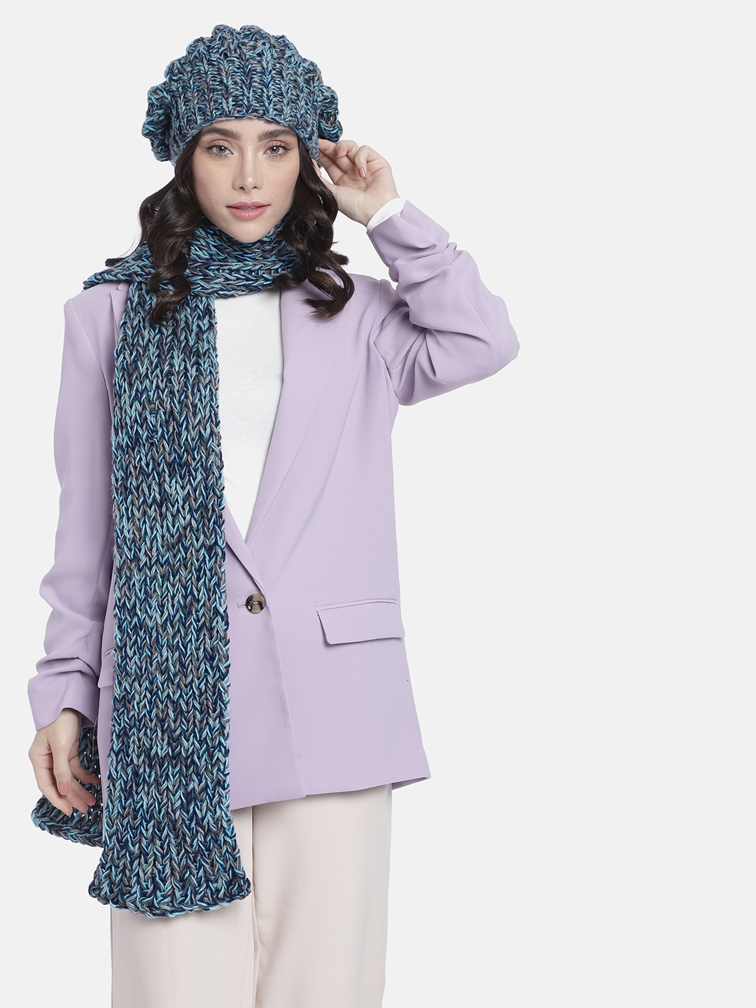 

Magic Needles Women Self Design Acrylic Beanie & Scarf Set, Blue