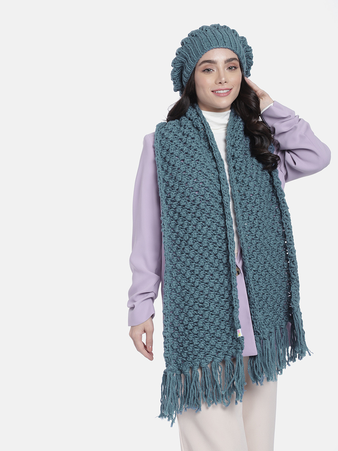 

Magic Needles Women Self Design Acrylic Beanie & Scarf Set, Blue