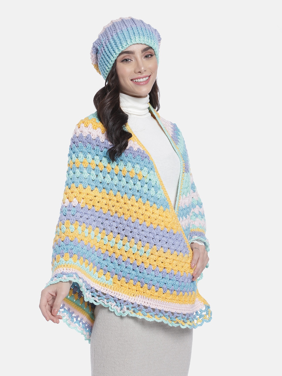 

Magic Needles Women Self Design Acrylic Beanie & Scarf Set, Yellow