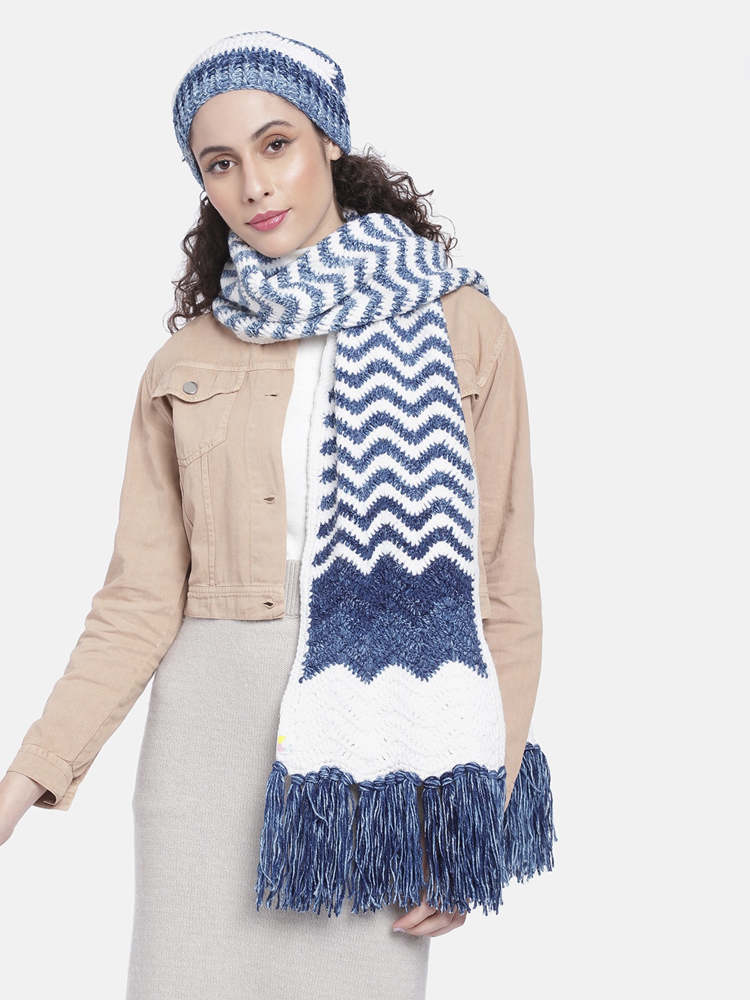 

Magic Needles Women Self Design Acrylic Beanie & Scarf Set, Blue