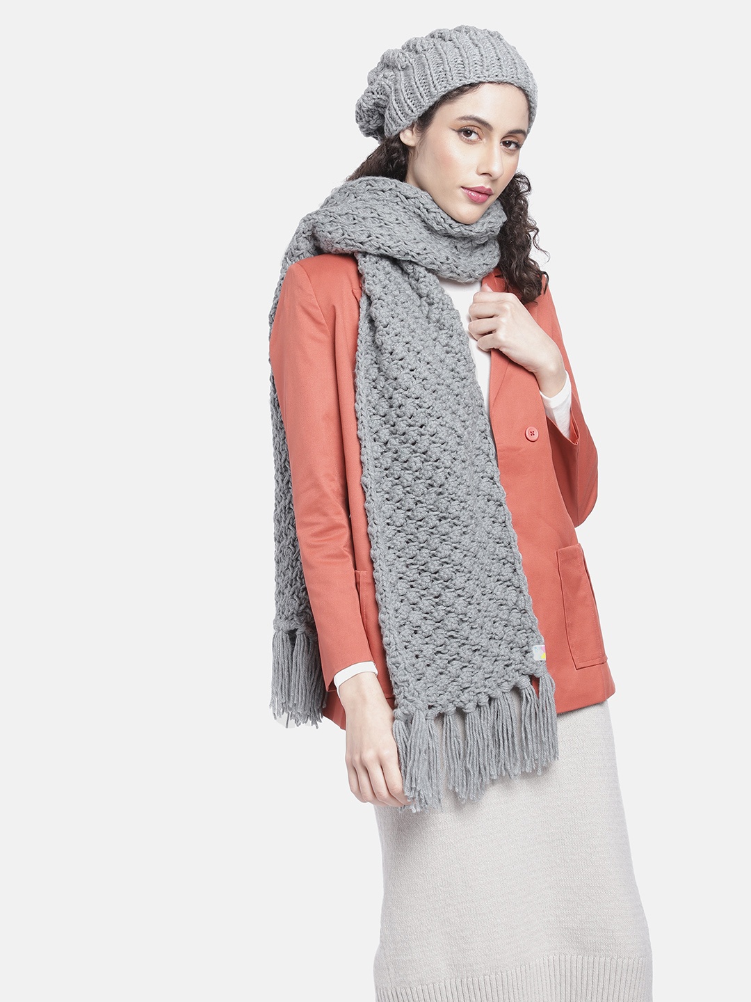 

Magic Needles Women Self Design Acrylic Beanie & Scarf Set, Grey
