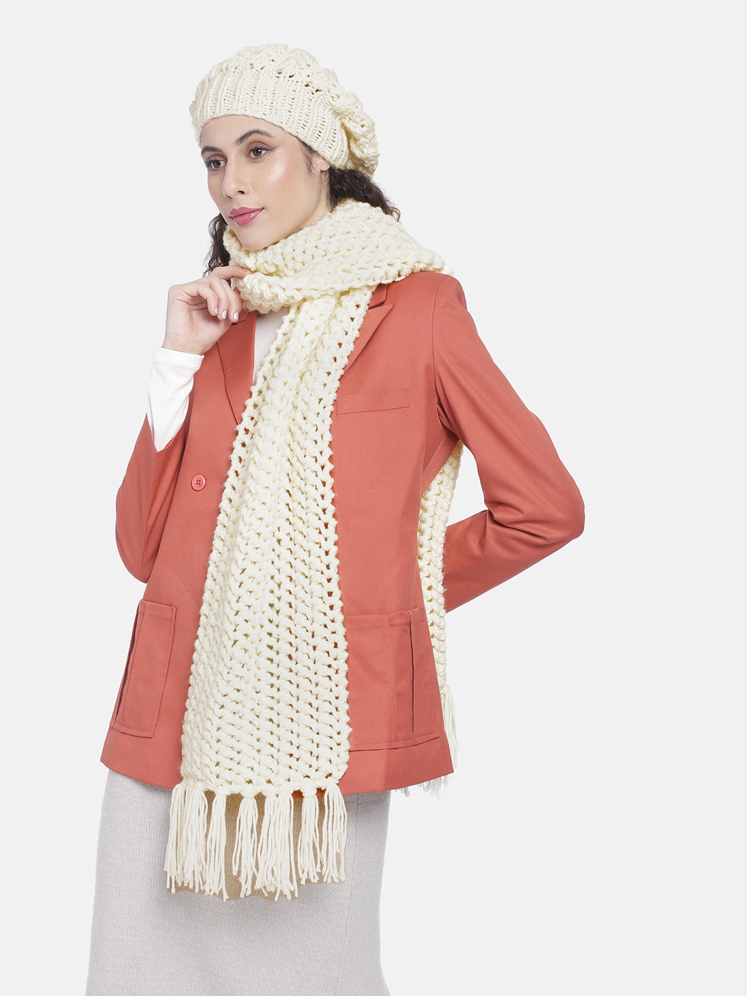 

Magic Needles Women Self Design Acrylic Beanie & Scarf Set, Cream