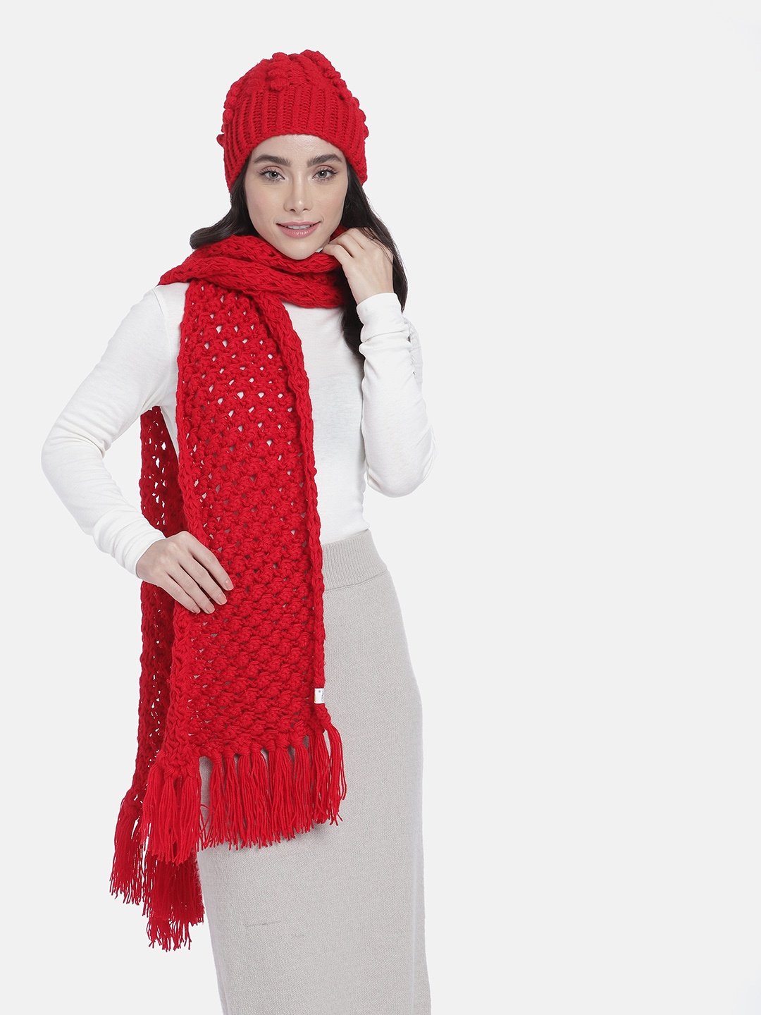 

Magic Needles Women Self Design Acrylic Beanie & Scarf Set, Red