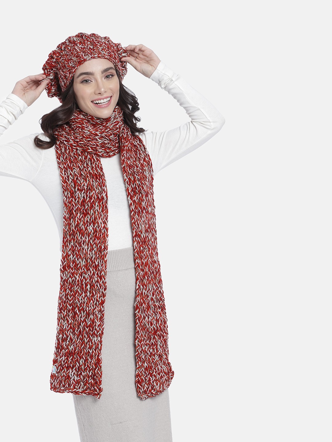 

Magic Needles Women Self Design Beanie With Scarf, Maroon