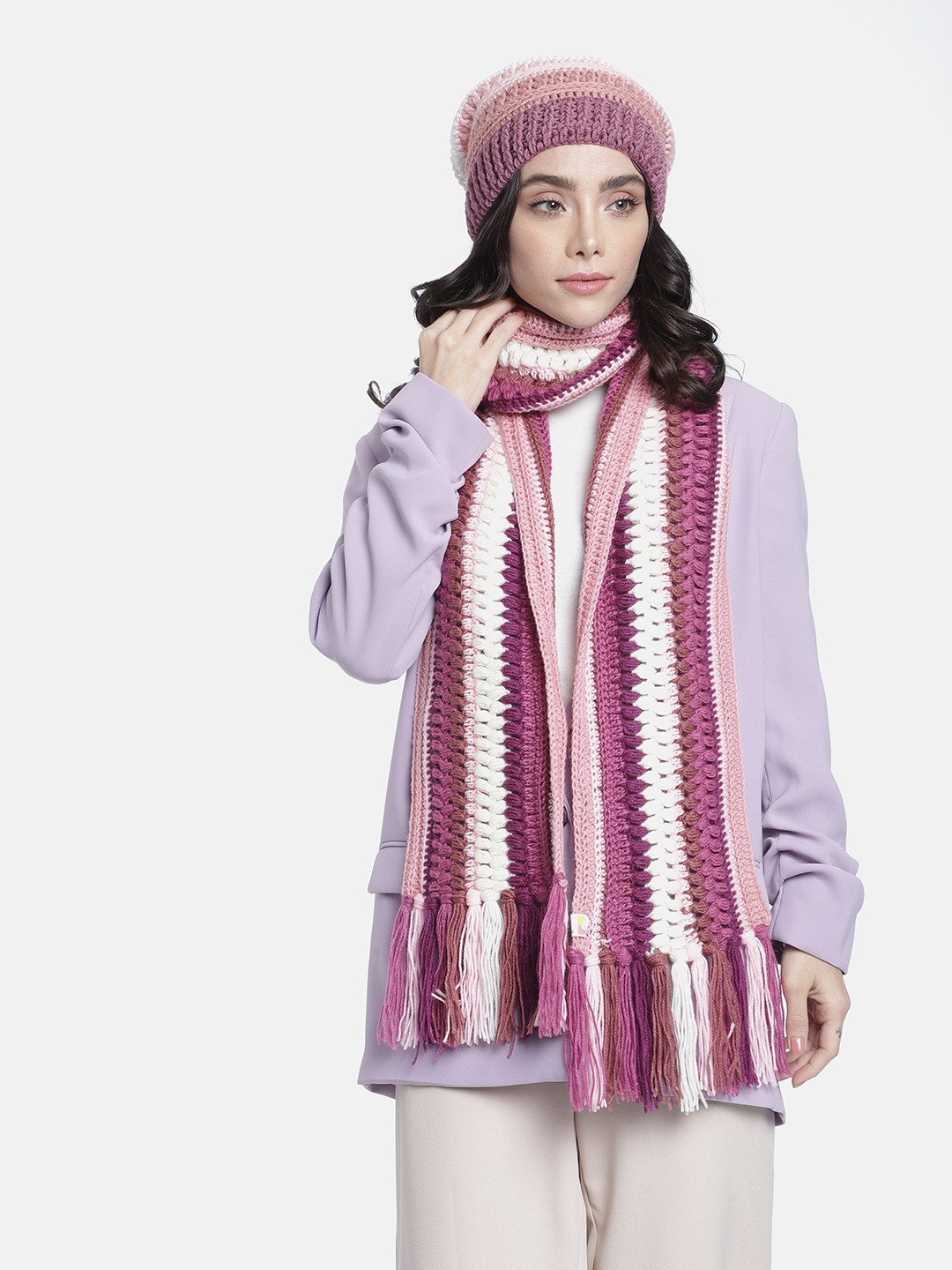 

Magic Needles Women Self Design Acrylic Beanie & Scarf Set, Pink