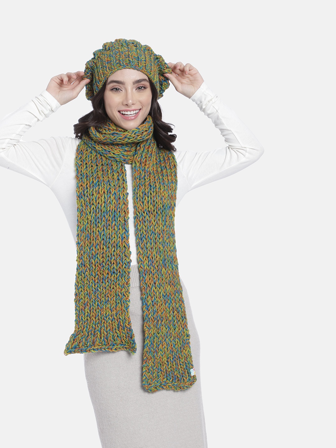 

Magic Needles Women Self Design Beanie With Scarf, Green