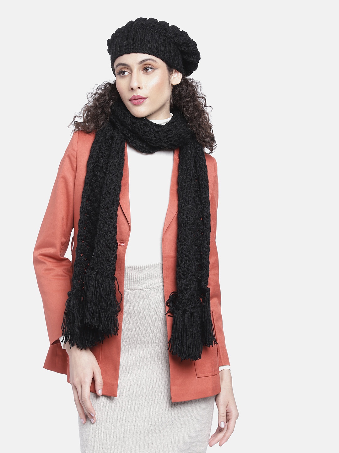 

Magic Needles Women Self Design Acrylic Beanie & Scarf Set, Black