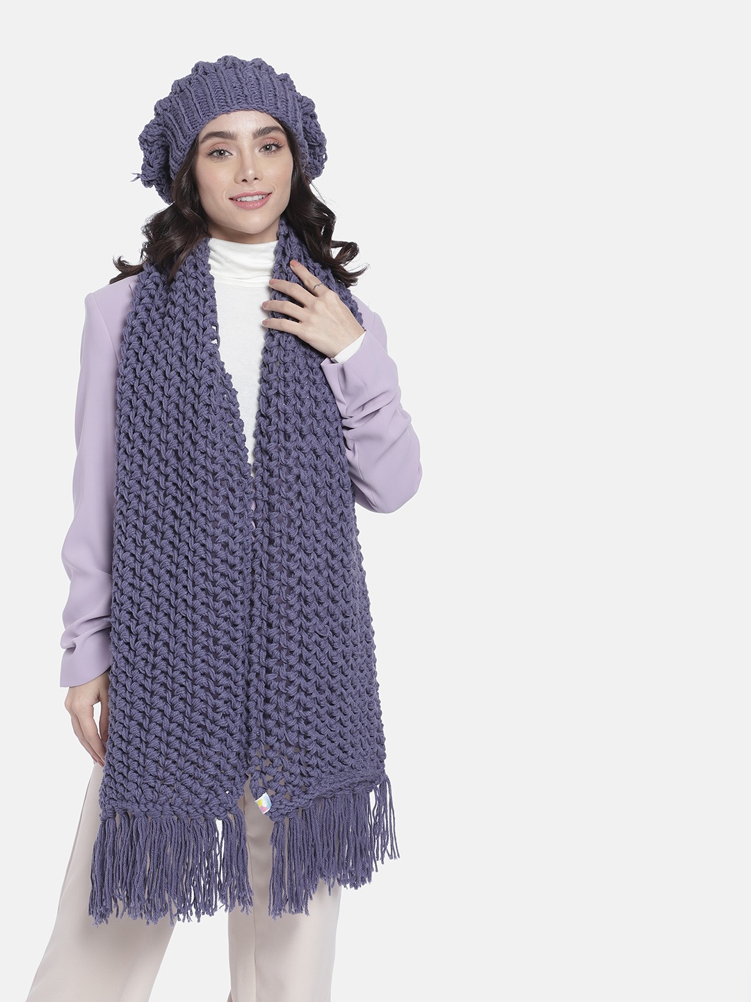 

Magic Needles Women Self Design Acrylic Beanie & Scarf Set, Purple