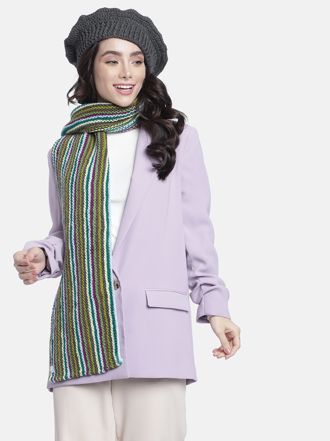 

Magic Needles Women Self Design Acrylic Beanie & Scarf Set, Grey
