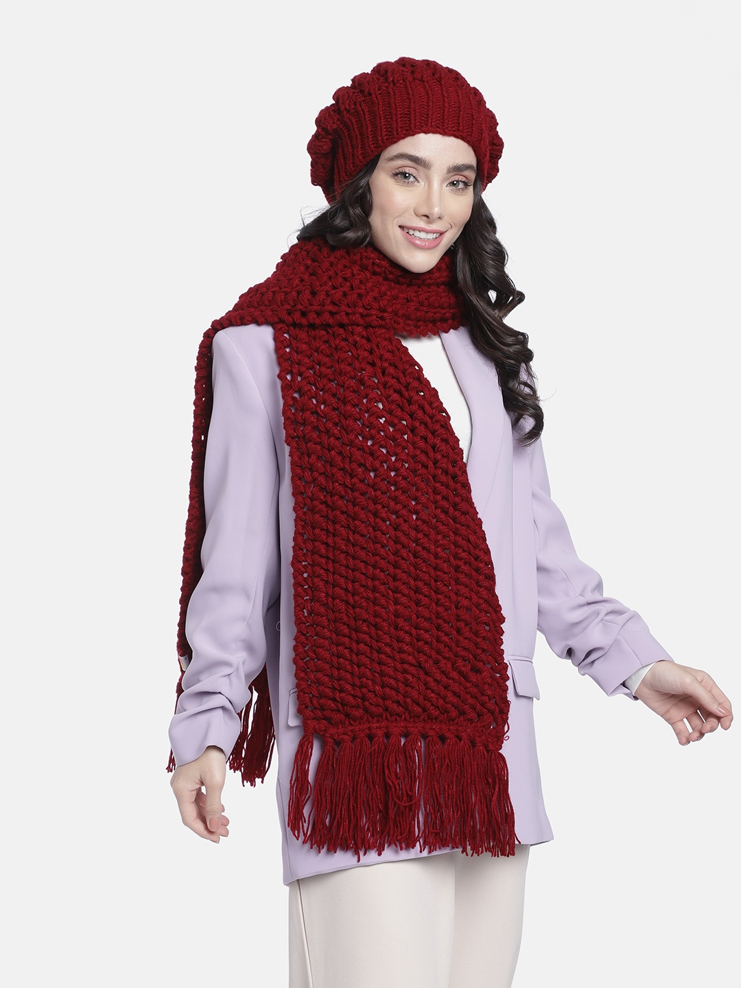 

Magic Needles Women Self Design Acrylic Beanie & Scarf Set, Maroon
