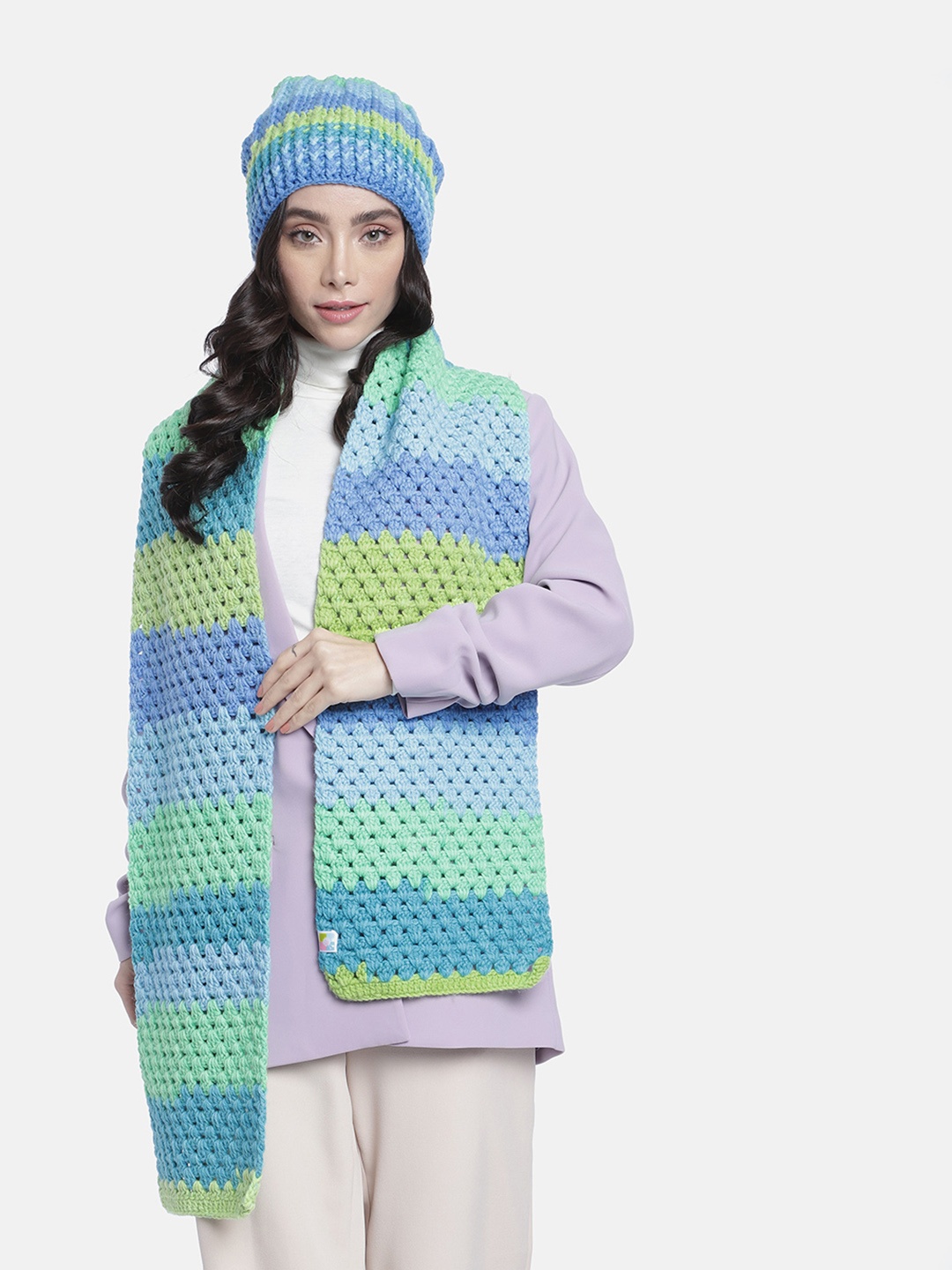 

Magic Needles Women Self Design Acrylic Beanie & Scarf Set, Green