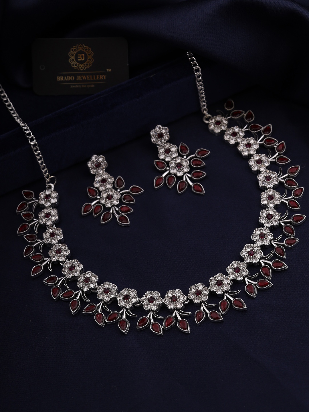 

Brado Jewellery Silver-Plated Oxidised AD-Studded Jewellery Set, Maroon