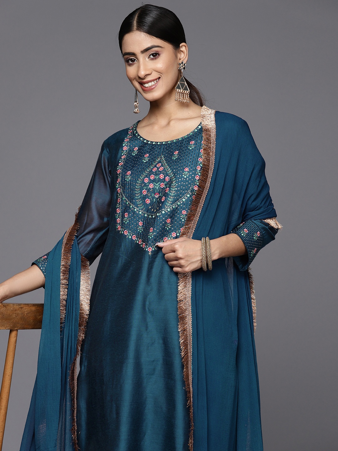 

Varanga Floral Embroidered Sequinned Chanderi Silk Kurta With Trousers & With Dupatta, Teal